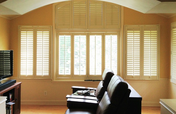 Clearwater plantation shutters in tv room