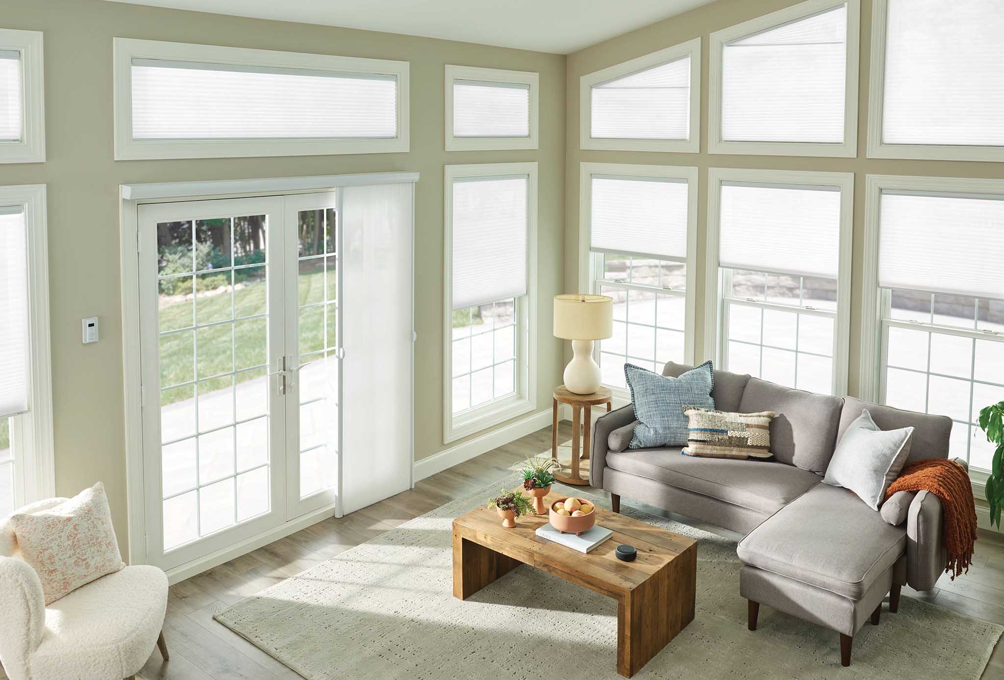 cellular shades in a large sunroom